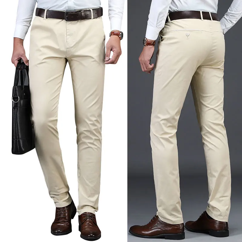 Spring Summer Khaki Black Blue Dress Men Suit Pants Casual Cotton Office Business Slim Elasticity Straight Trousers Clothing