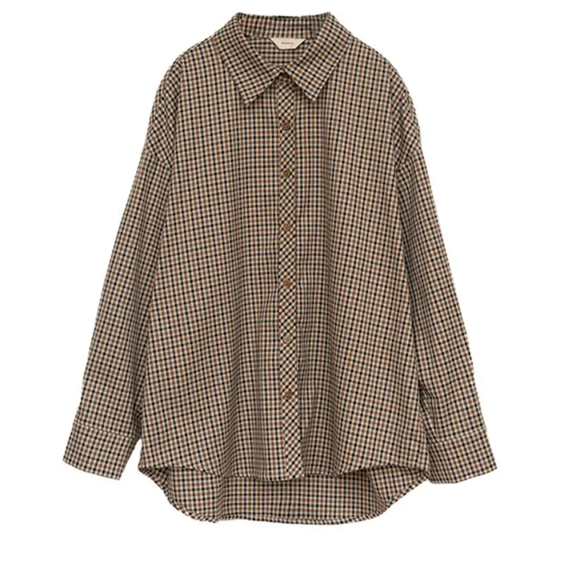 Plaid Shirts Women Retro Turn-down Collar Blouses All-match Straight Hong Kong Style Button Up Elegant Long Sleeve Outwear Femme