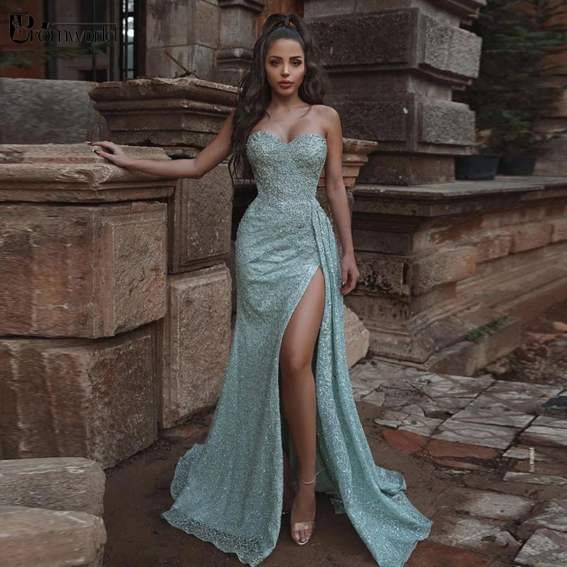 

Sparkly Sequin Mint Mermaid Prom Dresses Sweetheart Sexy Side Split Formal Party Dress Long Prom Gowns vestidos de noite