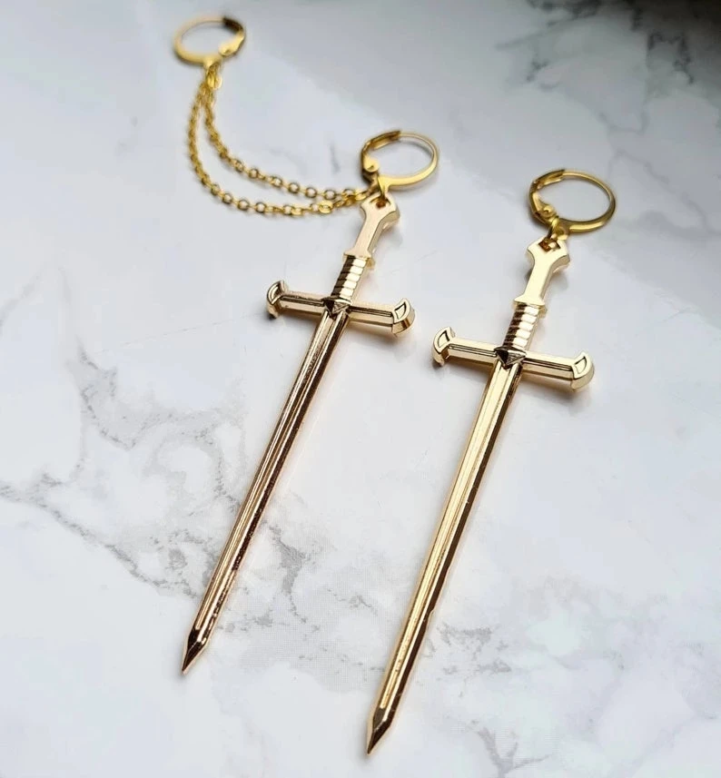 A Pair of Earrings Chain Sword Earrings - Cuff Earrings - Gothic Earrings - Handmade Unique Earrings