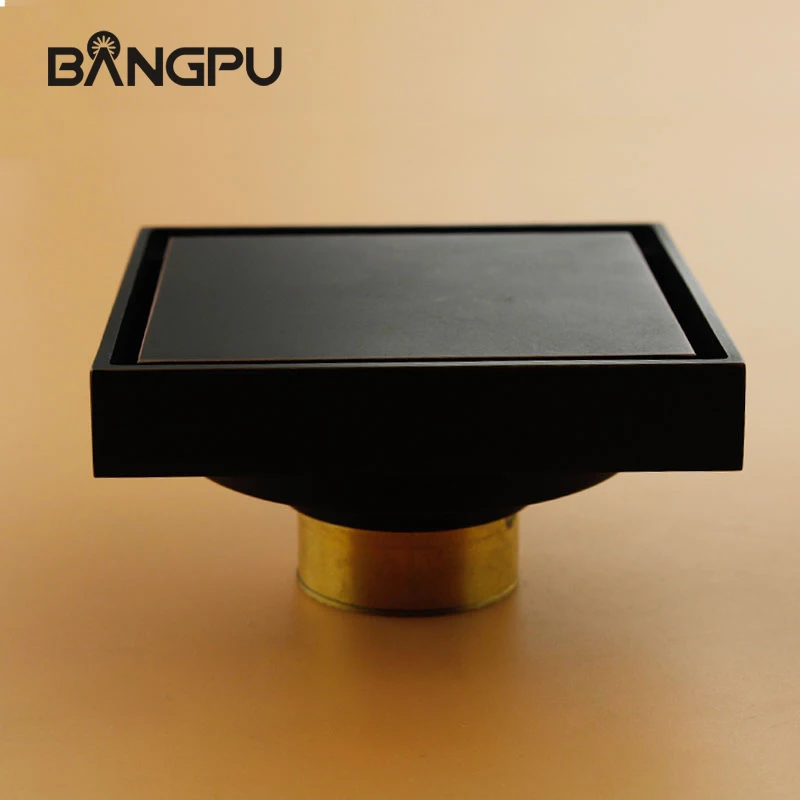 BANGPU Matte Black Square Invisible Floor Drain for Kitchen and Bathroom Solid Brass 4-Inch Bathroom Drain Strainer Anti-odor