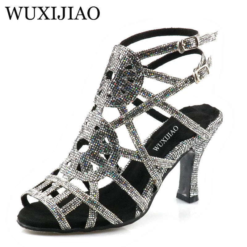 WUXIJIAO Professional Ballroom Dance Shoes Ladys Halloween Skull Salsa Dance Shoes Denim Doodle 9cm Heeled Women Latin Dance