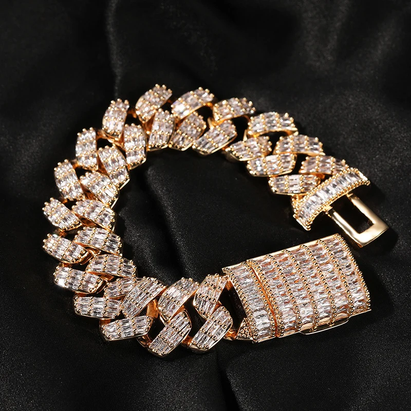 Hip Hop Square CZ Stone Paved Bling Iced Out 19mm Solid Rhombus Cuban Miami Link Chain Bracelet for Men Rapper Jewelry