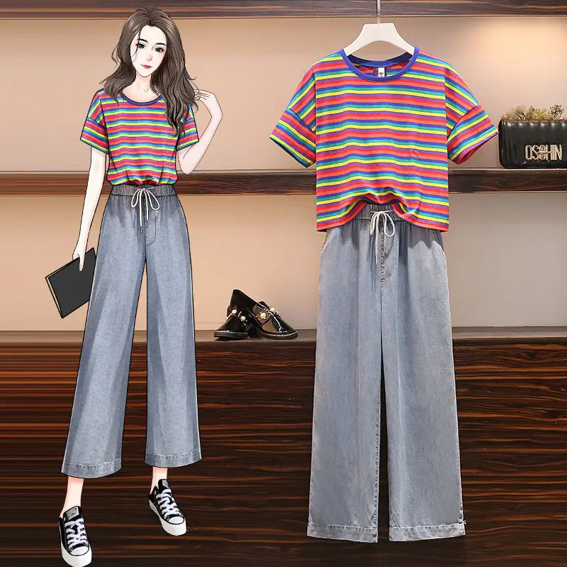 

Large Size Women's Suit Western Style Striped Short-sleeved Short-sleeved Blouse + Jeans 2-piece Suit Ladies Trouser Suit