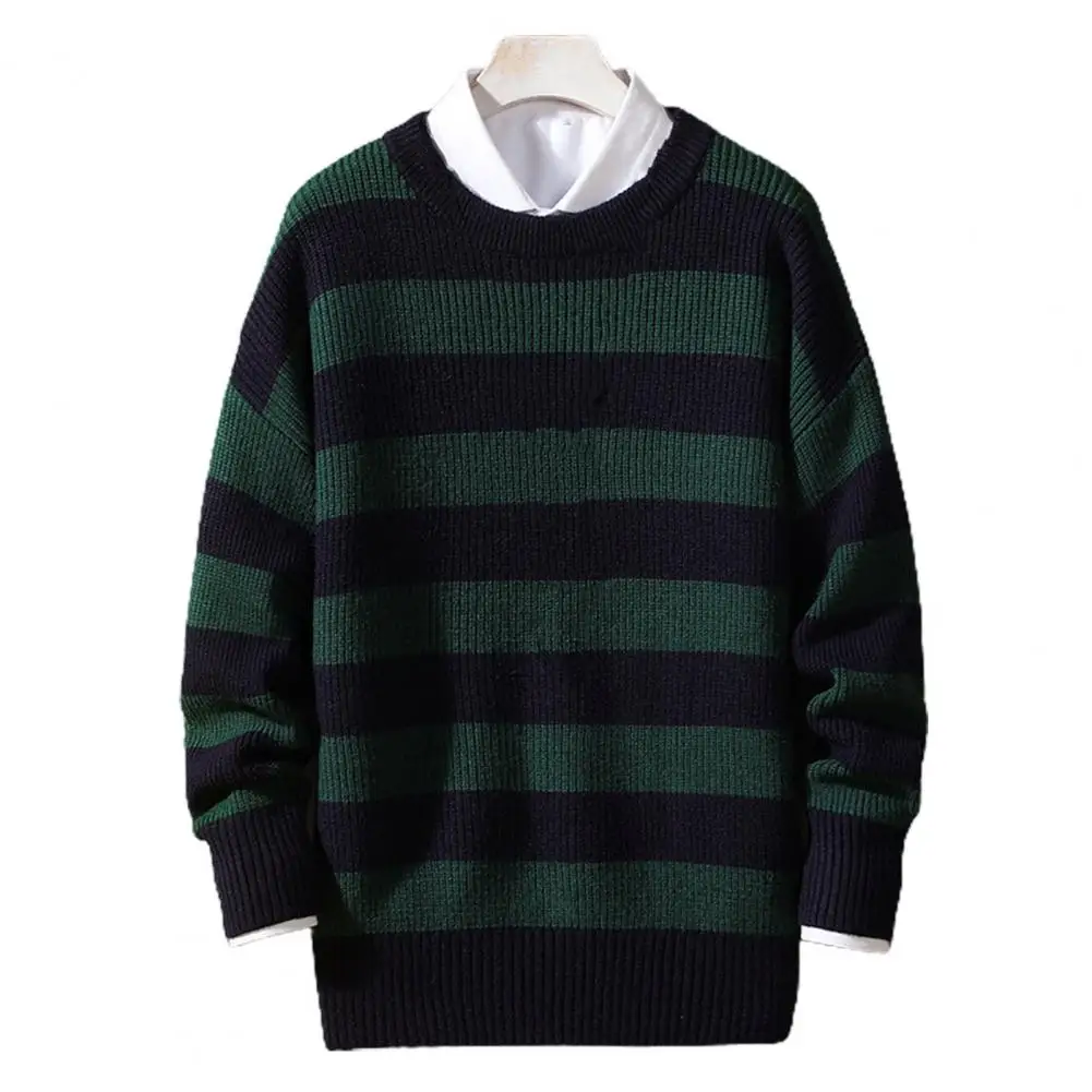 Plus Size Men Sweater Stripe Round Neck Loose Pullover Male Jumper Spring Sweater for Men Work Daily Wear