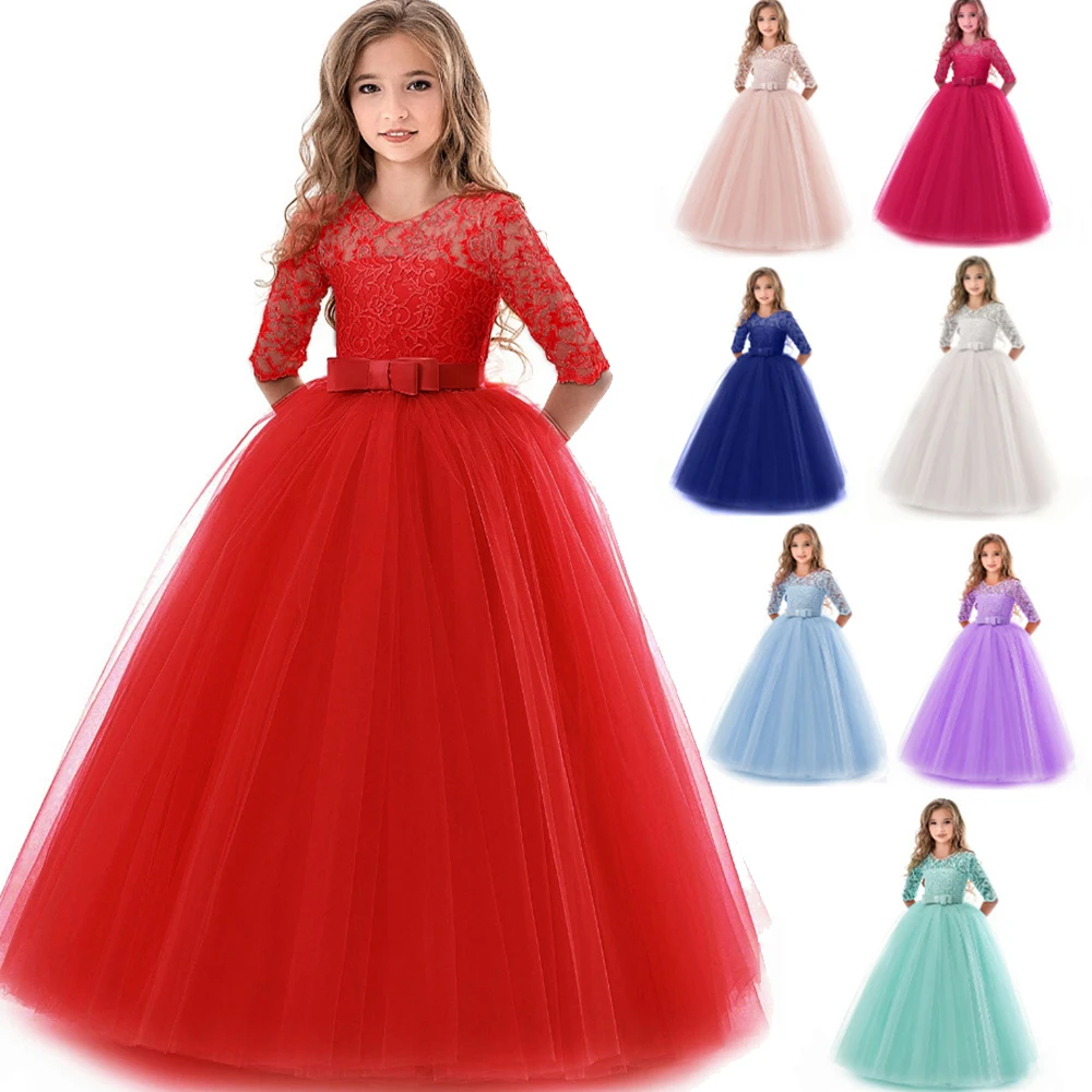 Lace Half Sleeve Dress Girls First Communion Princess Dress Tulle Bow Kids Dresses For Girls Long Dress Junior Girl Dress