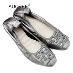 New Women's Casual Genuine Cow Leather Flats Big Size 35-43 Ladies Rhinestone Buckle Decoration Ballerinas Female Ballet Flats