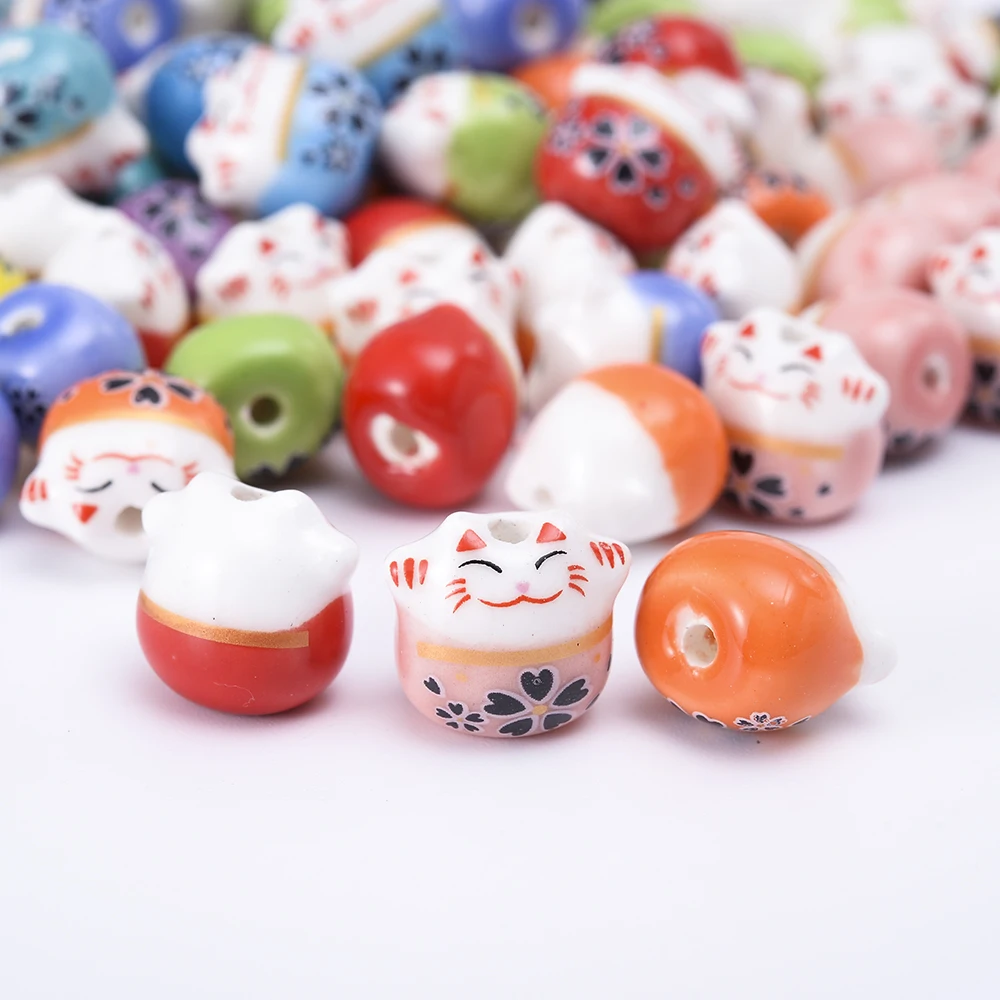 5pcs Colorful Ceramic Beads 14mm Porcelain Lucky Cat Cute Animal Pattern Beads DIY For Craft Bracelet Jewelry Making