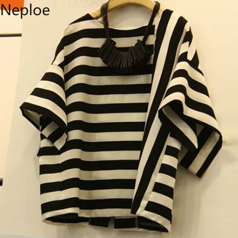 Neploe Striped T Shirt Women Summer 2024 New Arrival O-Neck Short Sleeve Tees Loose Fashion Cotton Ladies Tops 43877