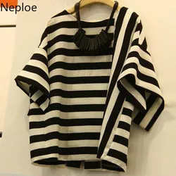 Neploe Striped T Shirt Women Summer 2024 New Arrival O-Neck Short Sleeve Tees Loose Fashion Cotton Ladies Tops 43877