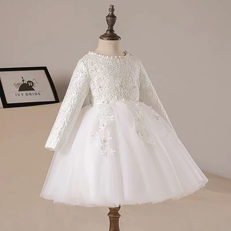 White Lace 1 Year Birthday Toddler Girl Baptism Dress Christmas Costumes Newborn Baby Princess Long Sleeve Christening Gown