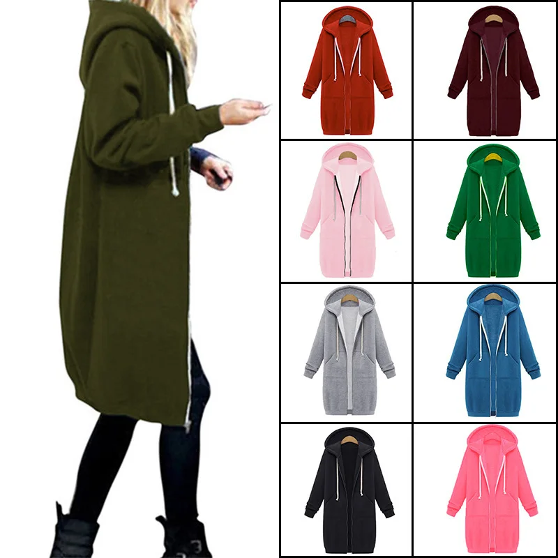 Women\'s Autumn Winter ThickenHoodies Parkas Loose Hooded Jackets Zipper Pocket Maxi Size Sweatshirt Sports Dresses Outwear 2023