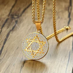 Trend Hexagram Star of David Round Medal Pendant Necklace for Men Women Hip Hop Rock Party Jewelry