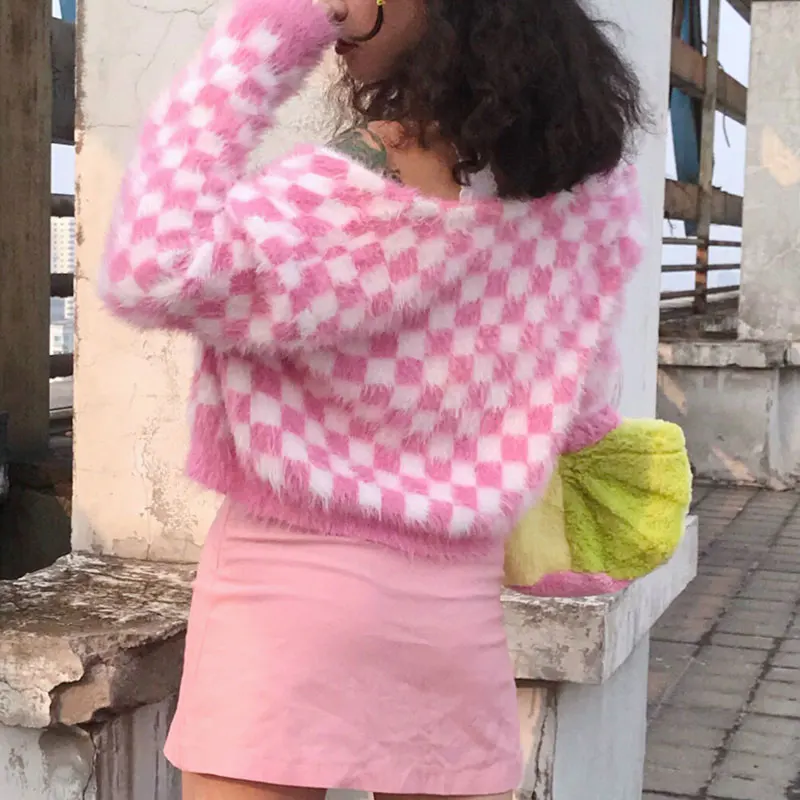 Pink and White Check Cardigan Sweater Women Fuzzy Mohair Crop Knit Long Sleeve Heart-Shape Button Soft Girl Aesthetic Outfit /