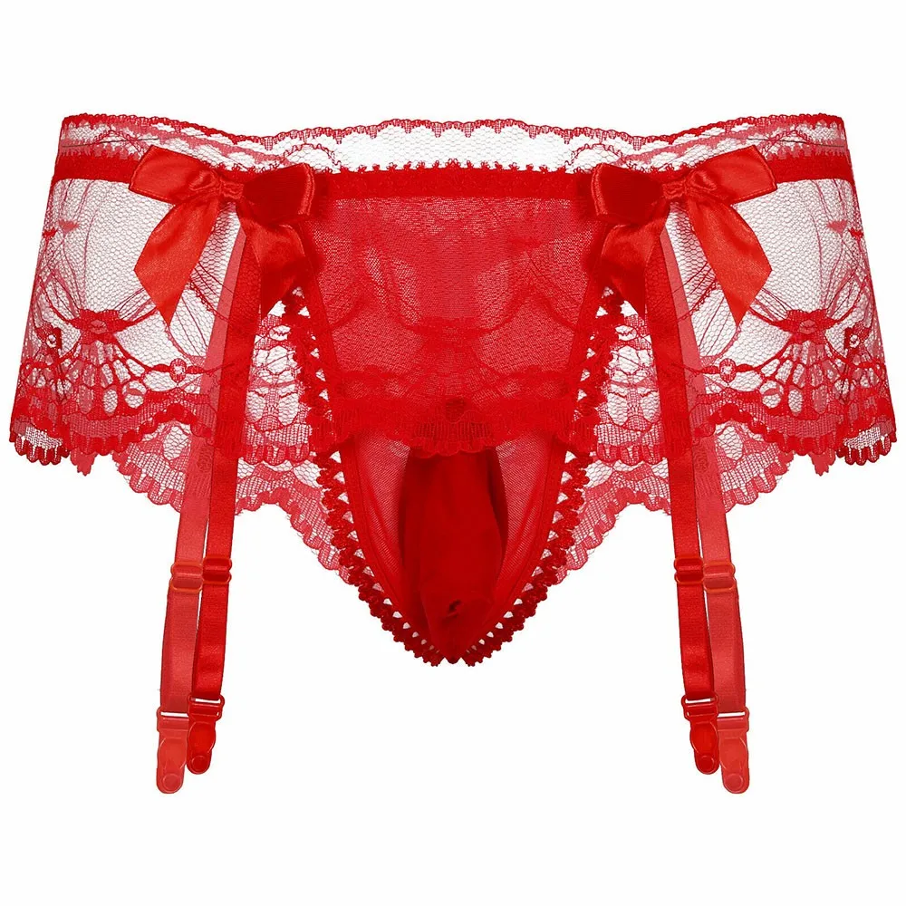 Mens Breathbale Lingerie Panties Underwear See Through Lace Briefs With Garter Sexy Jockstrap Ulta-thin See Through Underpants