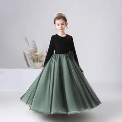 Dideyttawl Customized Long Sleeves Tulle Flower Girl Dresses Kid Princess Dress Birthday Party Velvet Formal Pageant Gowns