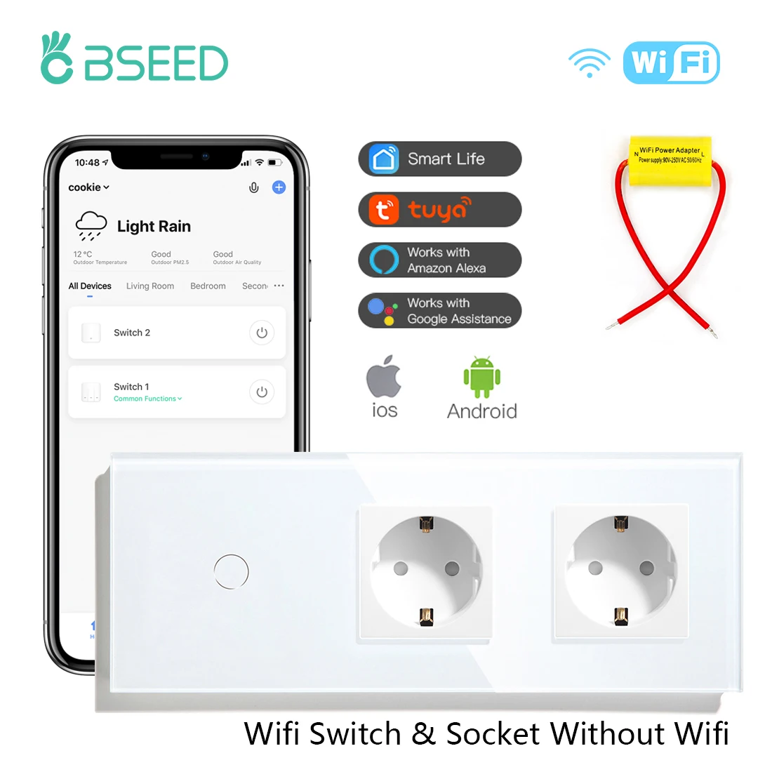 BSEED 1/2/3Gang 1Way Wifi Switches With Double EU Sockets Without Wifi Crystal Alexa Google Home Tuya App Single Live Wire