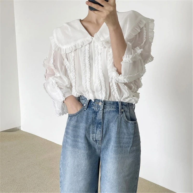 CHEERART Sailor Collar Long Sleeve See Through Shirt Fall 2021 Womens Fashion Top Chiffon Lace White Black Shirt New Blouses