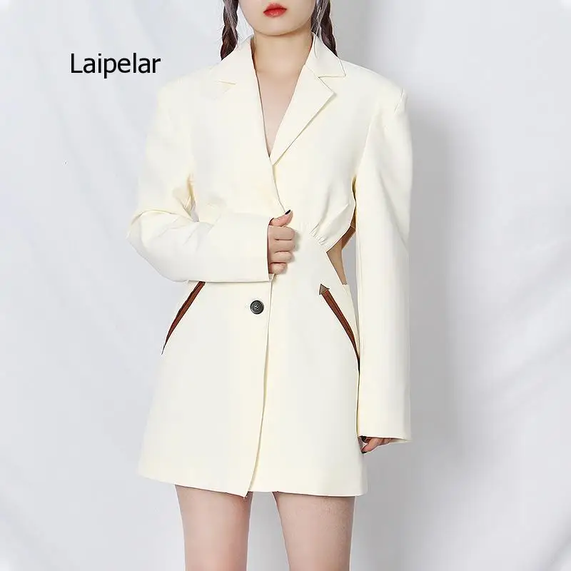 2021 Spring New Fashion Lapel Single Breasted Two Sides Sexy High Waist Hollow Out Slim Suit for Women Office Dress