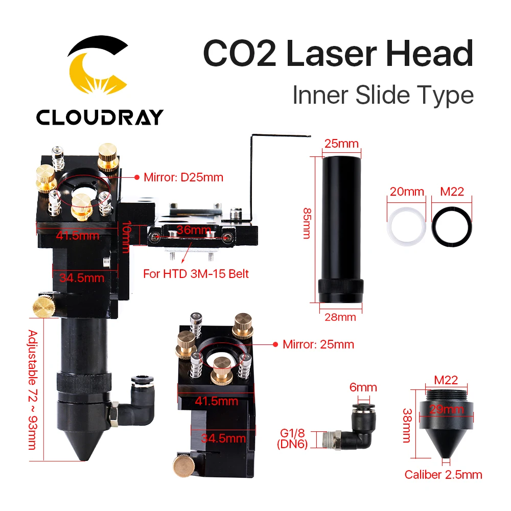 Cloudray – glissière intérieure CO2, tête Laser avec buse d'assistance à l'air pour Rail intérieur