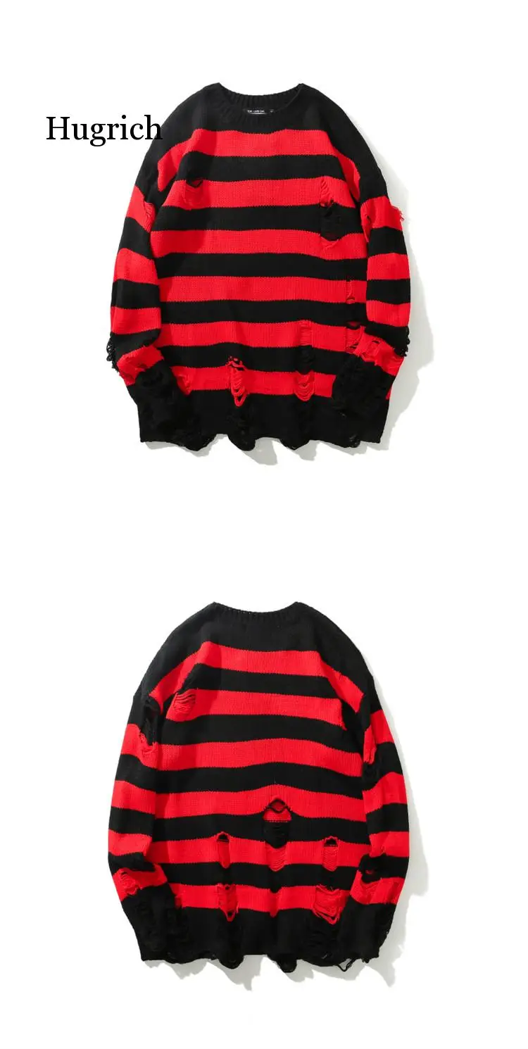 Black Red Striped Sweaters Washed Destroyed Ripped Men Hole Knit Jumpers Men Women Oversized Sweater