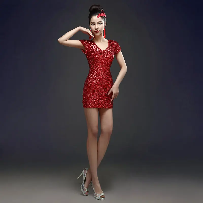 Summer Bling Shiny Sequins Dress Women Sexy V Neck Backless Short Sleeve Slim Bodycon Dress Ladies Sexy Club Party Dresses