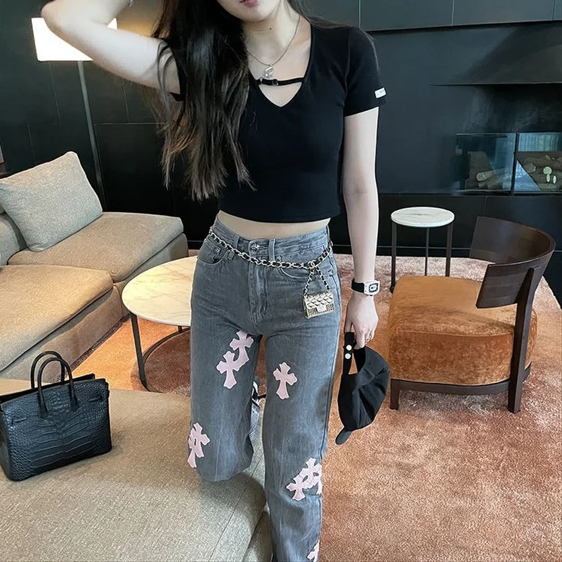 Jean croisé en cuir rose vintage pour femmes, jean droit gothique gris adt, streetwear frit pour fille, denim hip hop, mode automne, nouveau