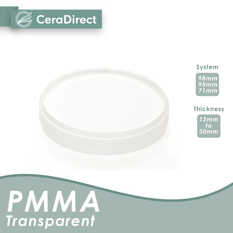 PMMA transparente 98MM/95MM/71MM espesor 12mm-30mm (1 piezas) laboratorio dental