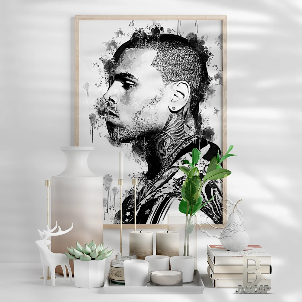 Minimalism Watercolor Black White Poster, Chris Brown Sketch Wall Picture, American Singer Actor Portrait Painting Home Decor