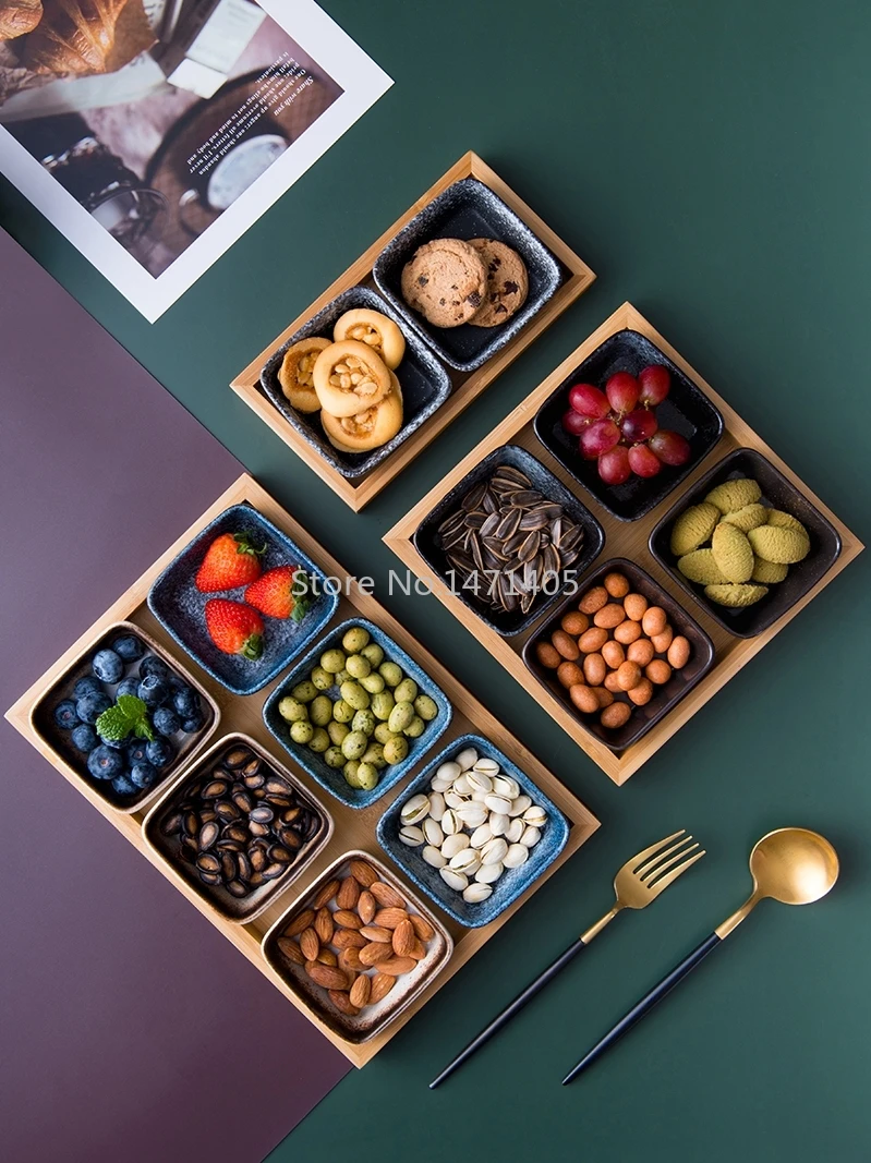 Japanese Fruit Plate Ceramic Grid Plate Household Dried Fruit Plate Living Room Plate Creative Melon Seed Candy Box Snack Plate