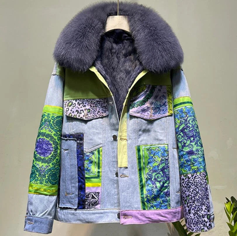 Real fox fur collar printing color-blocking denim jacket  velvet thick parka female detachable rabbit fur liner winter coat