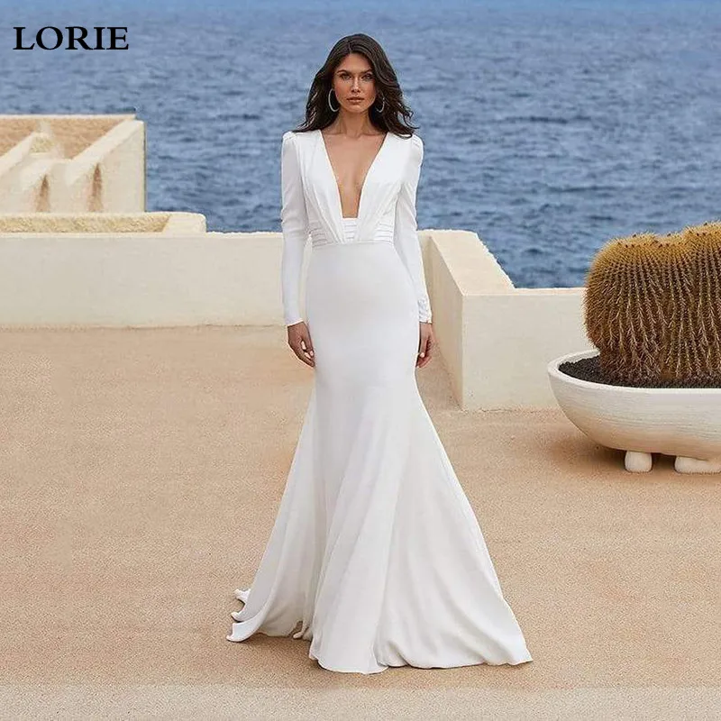 

LORIE Sexy V Neck Mermaid Wedding Dress Long Sleeve Simple Satin Boho Bridal Gown Elegant Backless Wedding Gowns 2022