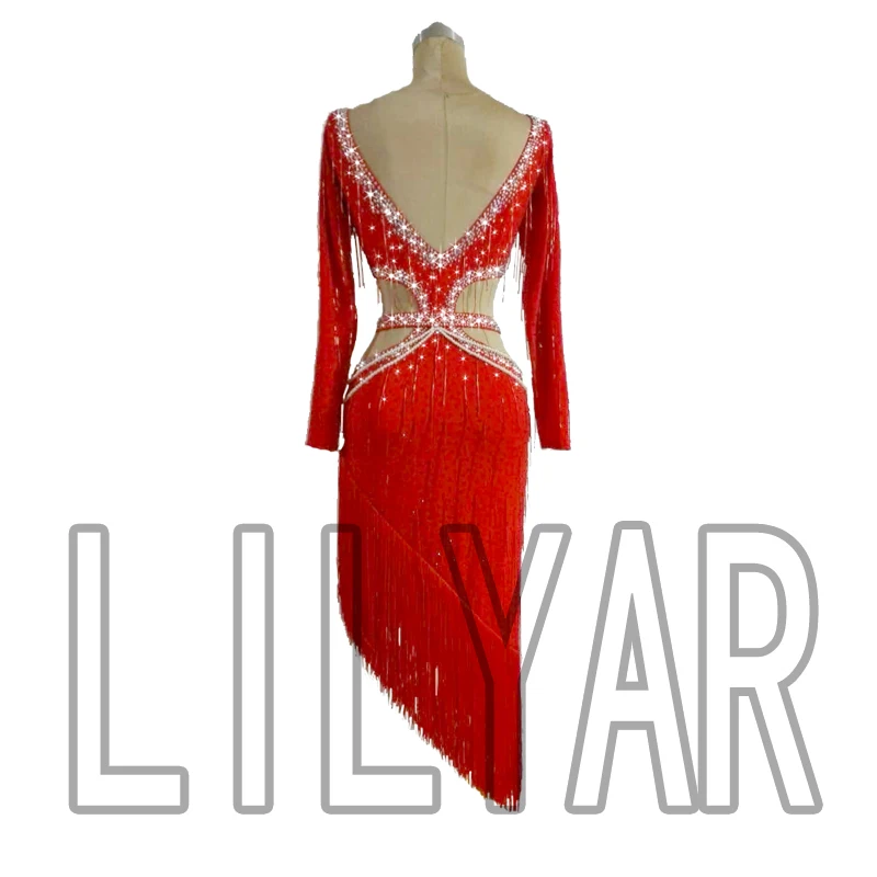 New Latin Dance Competition Performance Dress Red Sexy Open Waist Beaded Pearl Pair Dance Skirt