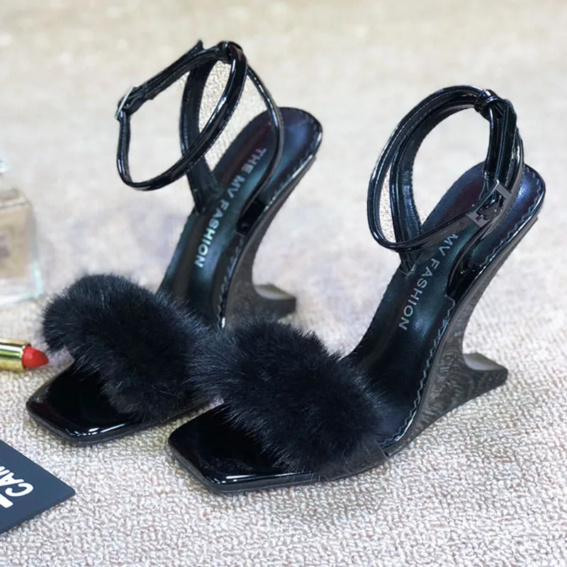 Summer Women Hairy Sandals Fashion Mink Fur Wedges Sandals For Women Party 2021 Sexy One Word Band No Heel High-Heel Shoes