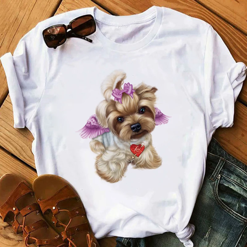 

2024 kawaii Yorkshire Terrier Dog T Shirt Women Summer Tops Lovely Angel Youkshire Print Girls Tee Animal Female T-shirt shirt