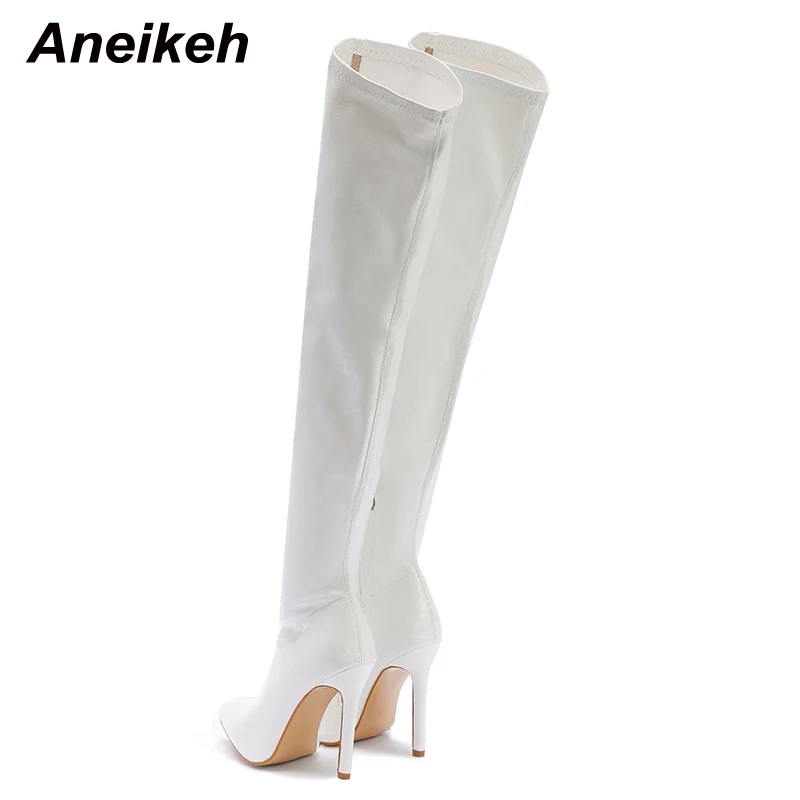Aneikeh NEW Fashion Striped 11CM Thin Heels Ladies Boots 2024 Spring Sexy Over-the-Knee Side Zipper Slip-On Pointed Toe Shoes