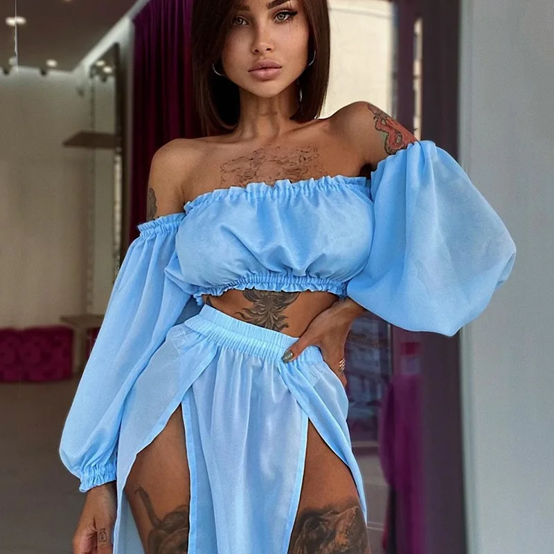 Yiiciovy kobiety Mesh Sheer osłona do Bikini zestaw z długim rękawem krótki Top Cover Up spódnica dwuczęściowy przezroczyste stroje kąpielowe