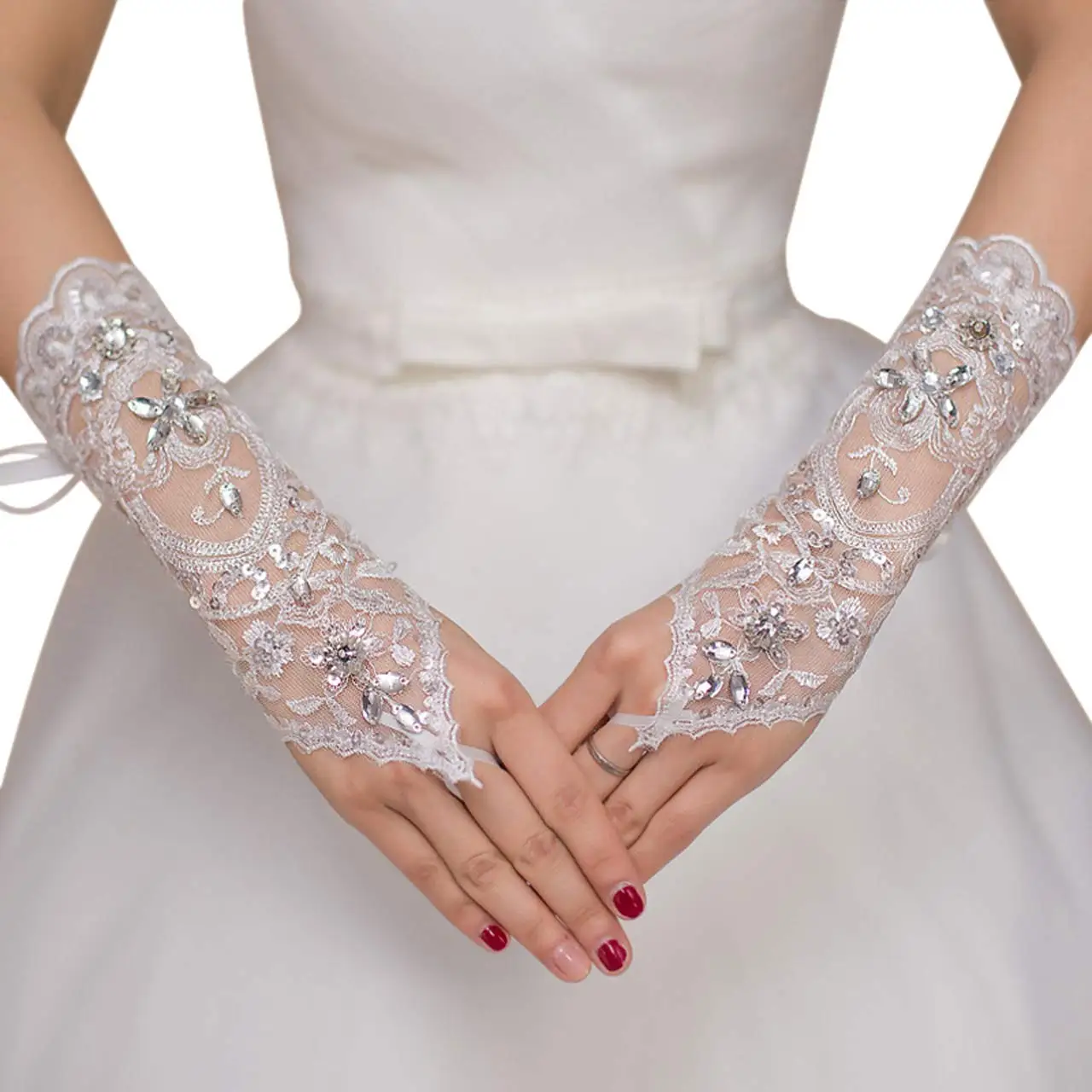 Guantes de encaje sin dedos para novia, tul, cristal, lentejuelas, fiesta de graduación, boda