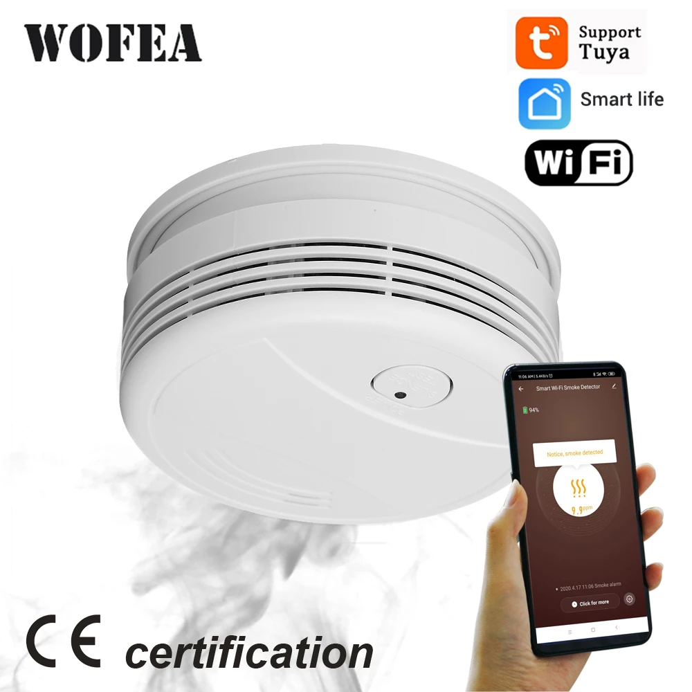 Wofea WiFi Smoke Detector Home Security Fire Alarm System Tuya Smart Smoke Sensor APP Message Push 95db Sound No Need Hub