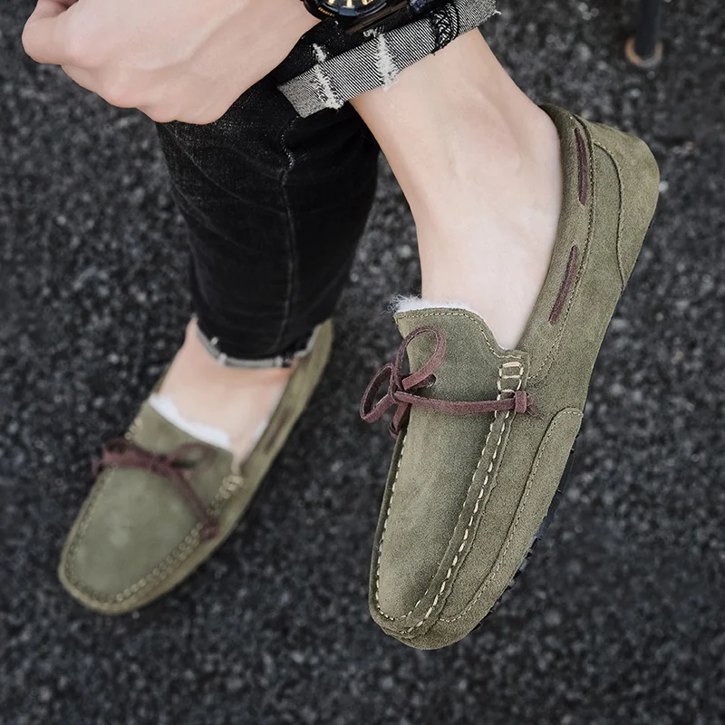 Large Size 38-47 Brand Fashion Winter Fur Moccasins Men Loafers High Quality Suede Leather Shoes Men Flats Gommino Driving Shoes