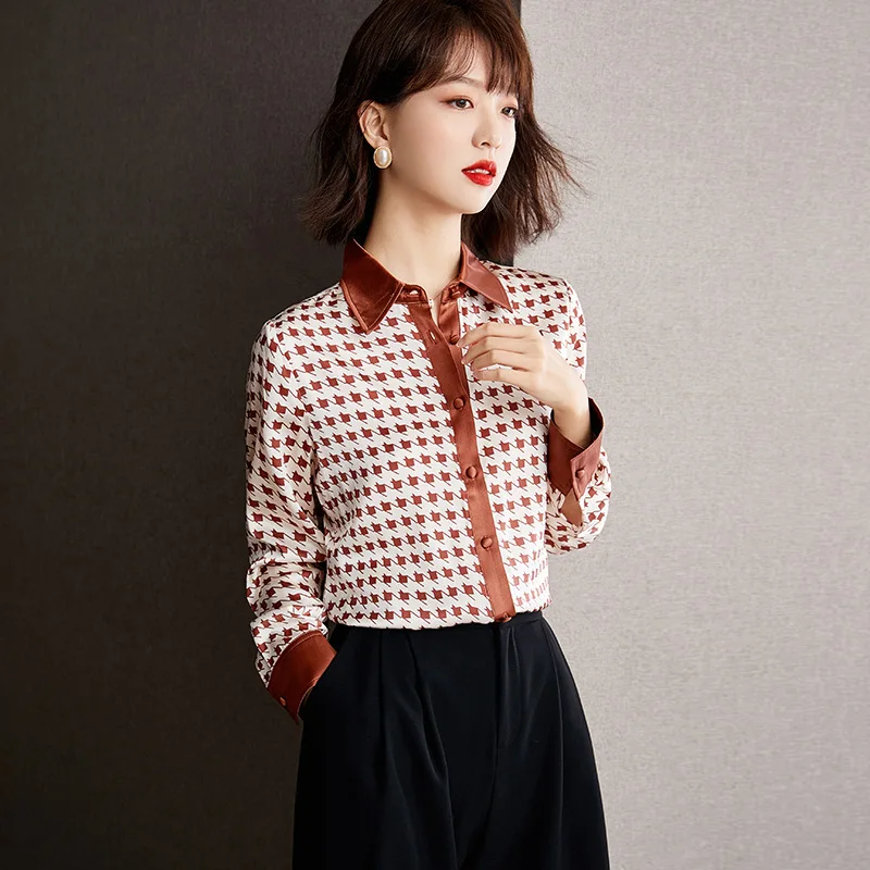 Women's Long Sleeve Silk Shirt, Elegant Lapel Contrast Check Printed Top, European and American Style, Light Luxury, New, Summer