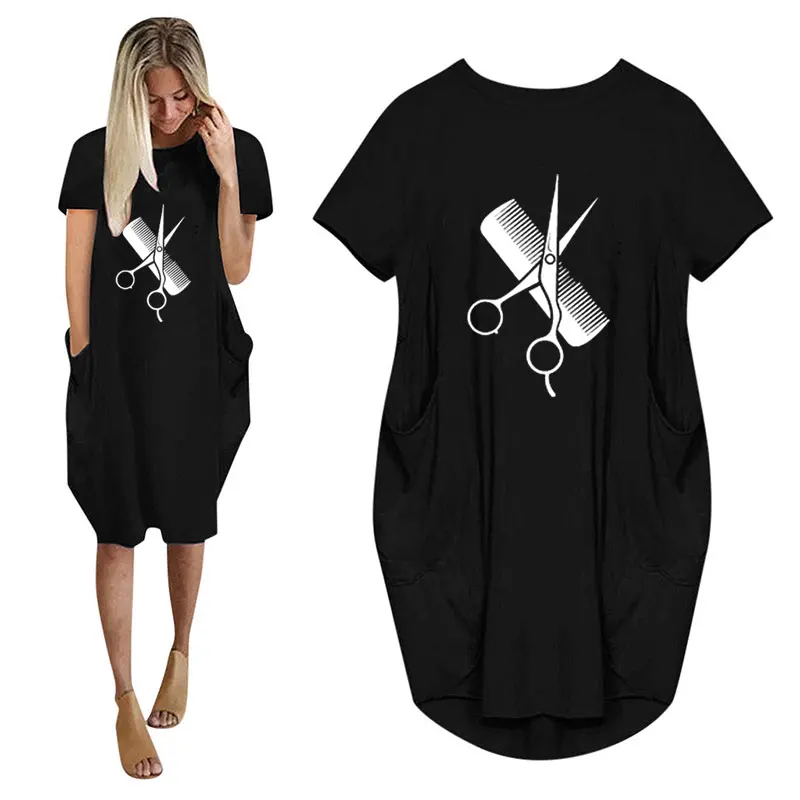 Nowy fryzjer stylista nożyczki grzebień drukuj kobiety swobodna luźna sukienka z kieszeni panie O Neck długie topy kobieta T Shirt Dress