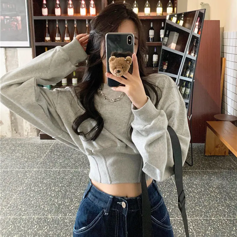 Hoodies Womens Loose O-Neck Crop Tops Thicken High Waist Harajuku Ulzzang Design Batwing Sleeve Sweatshirts Female Pullovers New