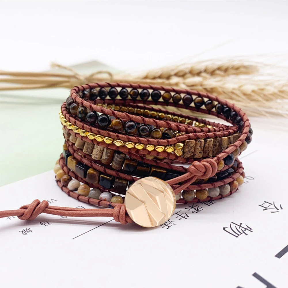 Unique Big Tiger Eye Wrap Bracelet for Women Multilayers Mixed Geometric Natural Stone Beadwork Boho Bracelet Jewelry Dropship