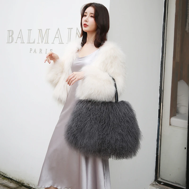 ZDFURS* 2021 Real Mongolian Fur Bags Australian Beach Wool Fur Shoulder Bag Ladies Tibet Lamb Fur Wrist Bag Large Capacity