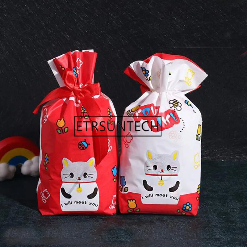 

500pcs Cute Cat Candy Plastic Bag Food Grade Quality Drawstring Gift Bag Packaging For Sweets Cookie Bag Stand-up Pouches