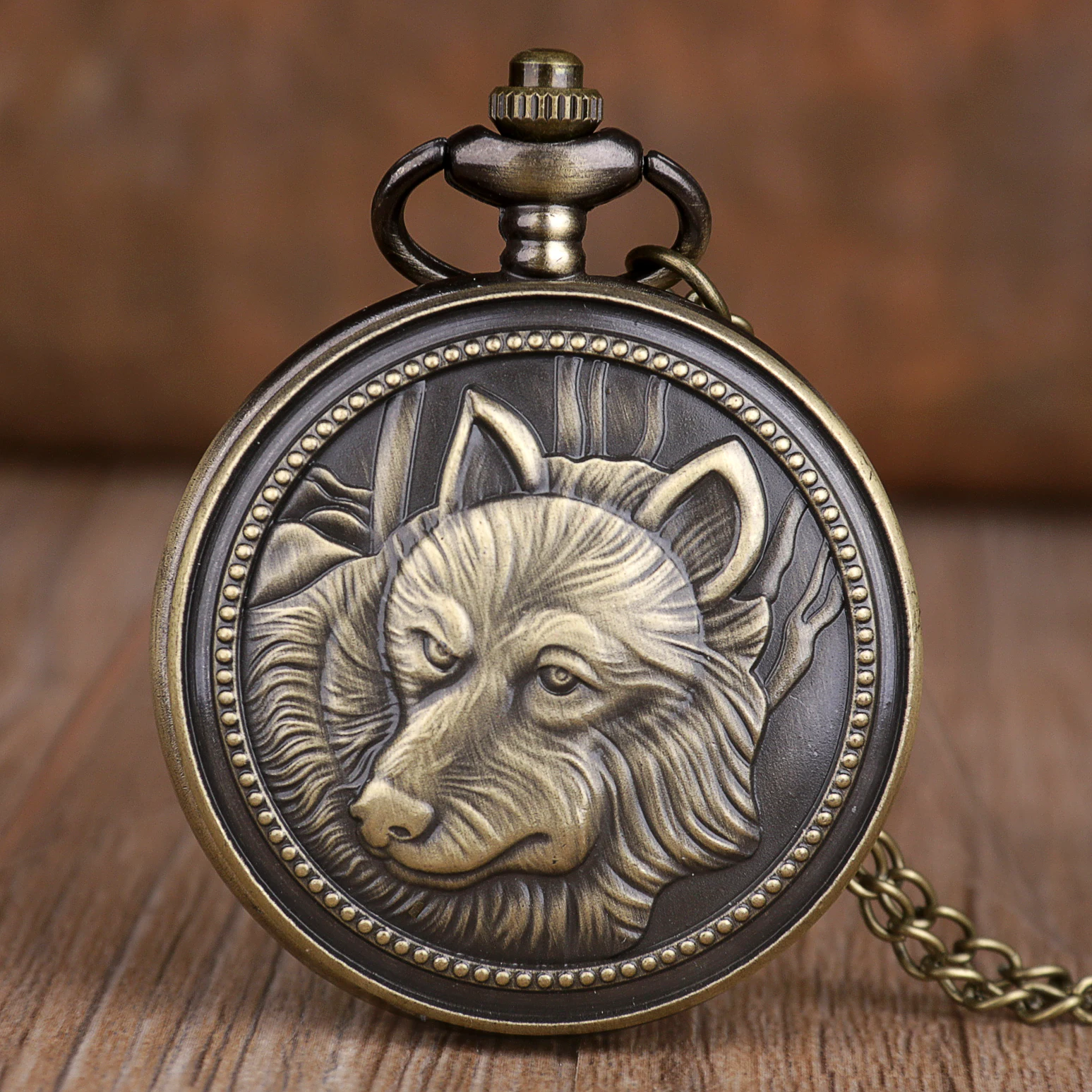 

Retro Bronze Wolf head Design Necklace Pendant Quartz Pocket Watch Mens Womens Gifts Fob Watch