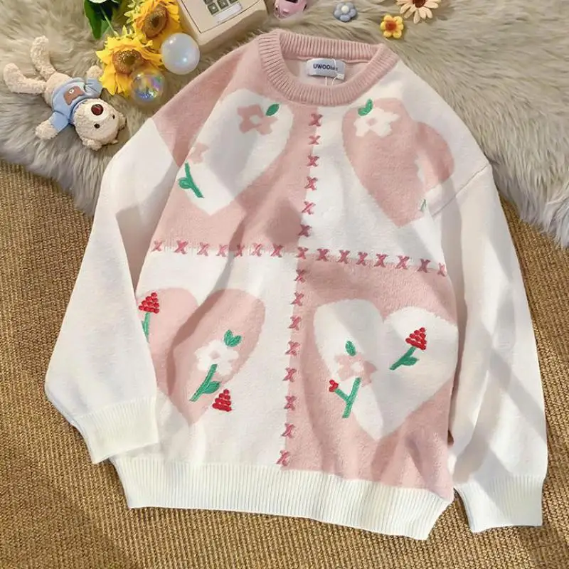 New Sweet Casual Pink Spring Autumn Women Sweaters Harajuku Embroidery Peach Heart Flowers Loose Knit Shirt Female Pullover 2021