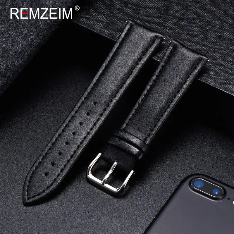 REMZEIM Universal Leather Watchband Strap 16mm 18mm 20mm 22mm 24mm With Stainless Steel Buckle Watch Accessories Black Brown