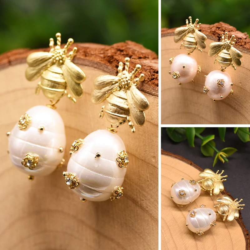

Korea Style Bee Shaped Natural Freshwater Pearl Shell Beads Earrings for Women Girls Party Wedding Gift Handmade Earring Jewelry